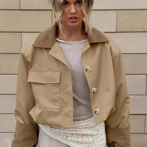 Retro Color Block Collared Utility Cropped Casual Jacket